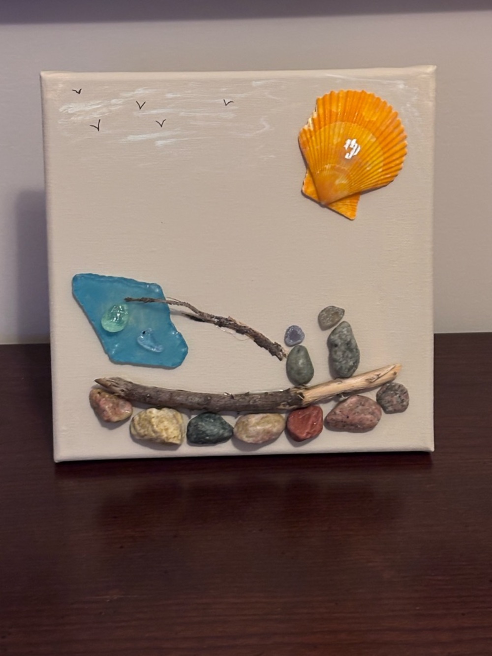 Father’s Day Handcrafted Beach Pebble and Shell Canvas Art Father & Son Fishing